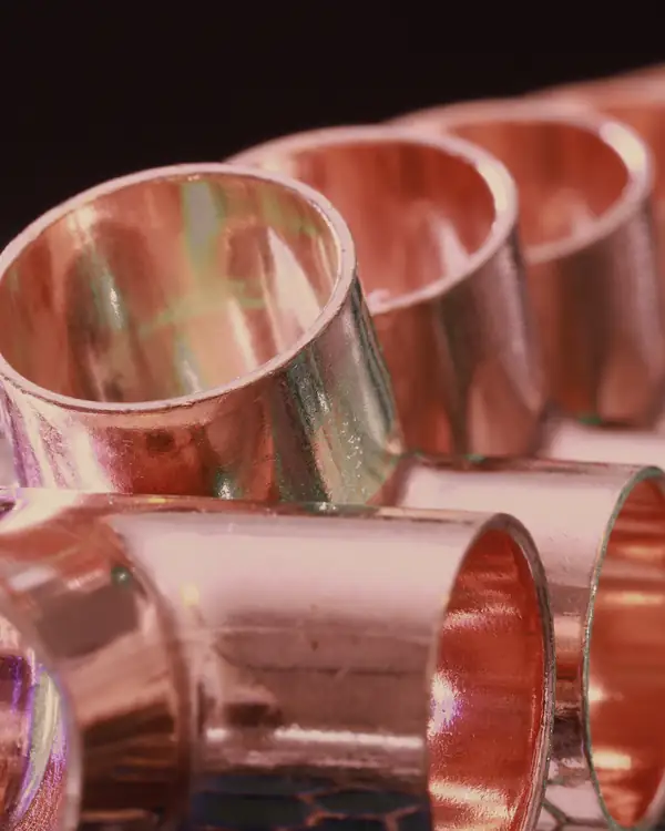A row of copper pipe fittings.